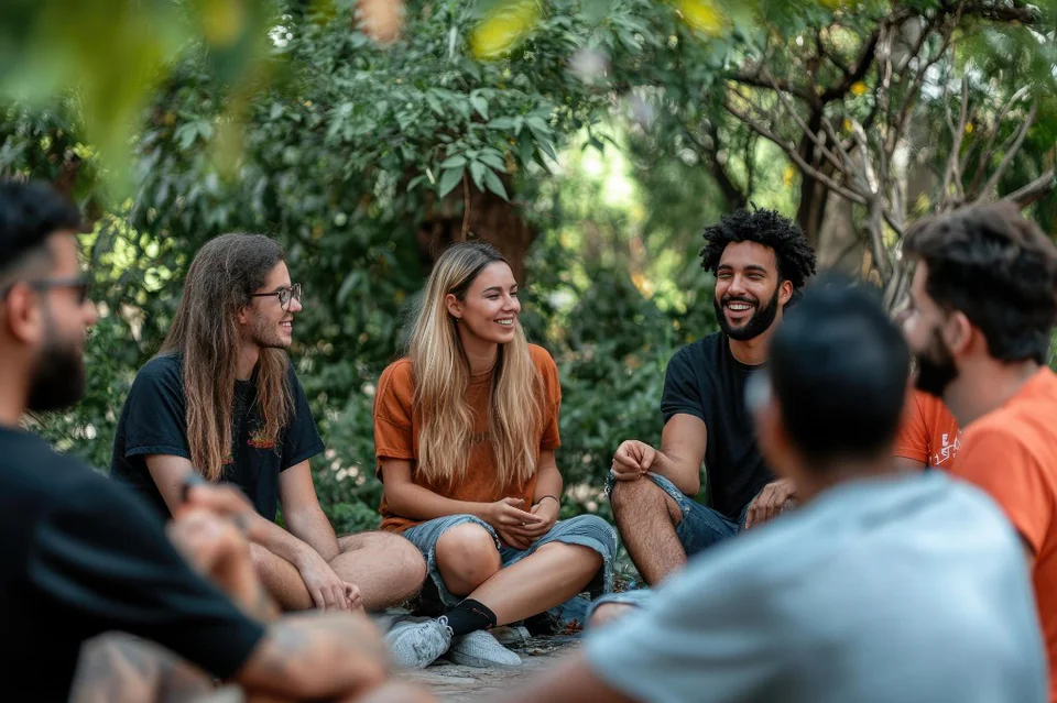 Grupo de personas sentadas en círculo al aire libre, conversando y conectando